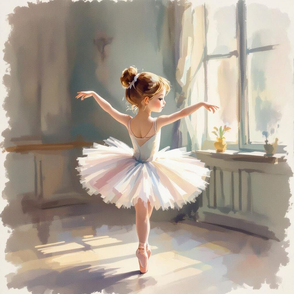 Little Ballerina Dancing in Soft Pastel Studio