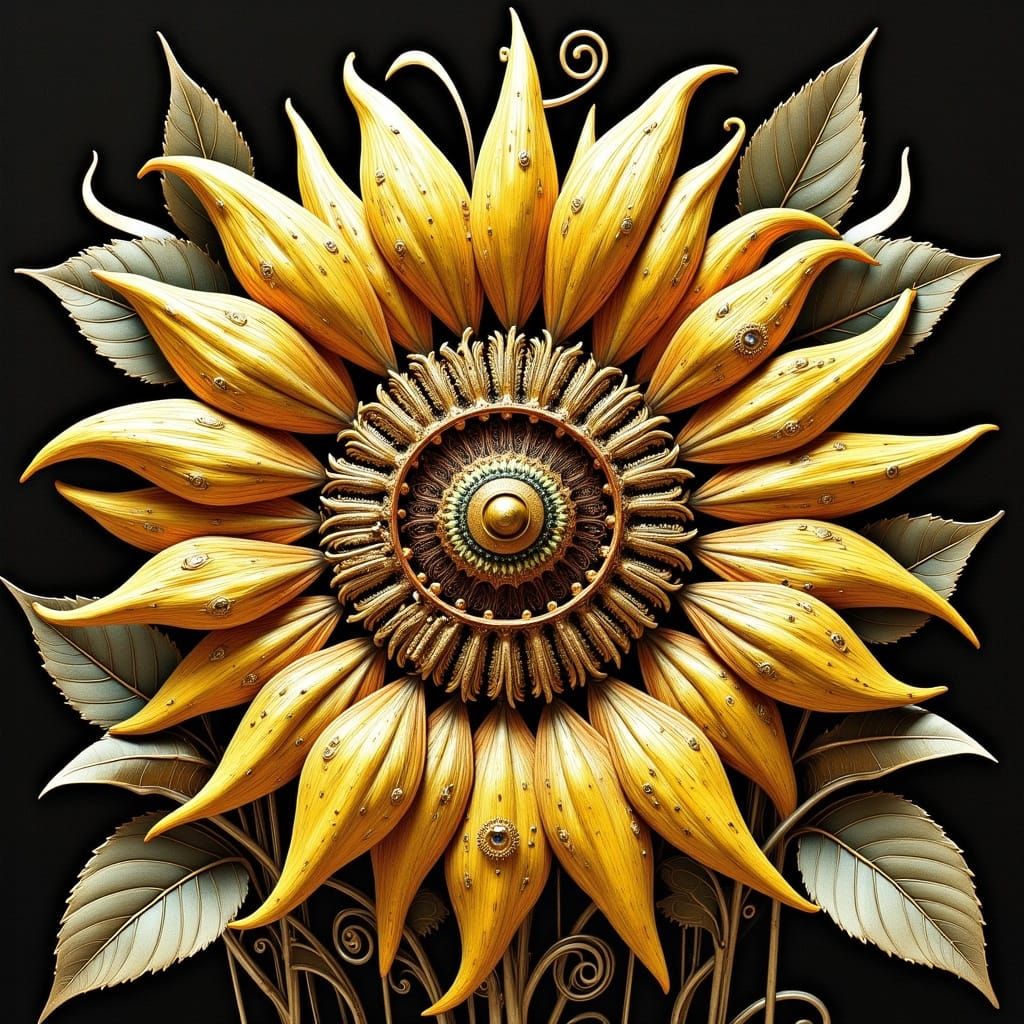 Steampunk Sunflower Masterpiece in Yellow-Gold Enamel