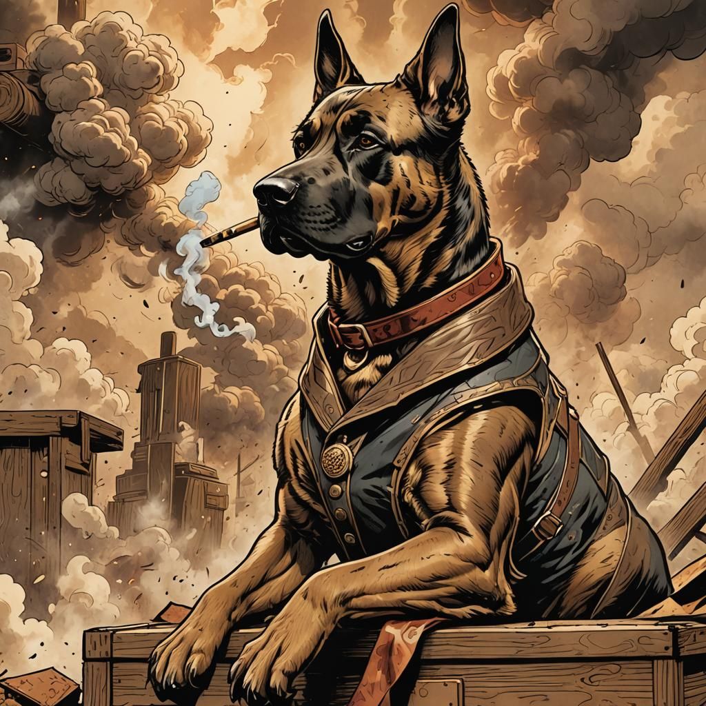 War Dog Smoking Cigar in Comic Book Style