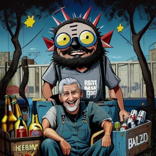 Cartoon Old Man Drinks Beer in Garden Setting