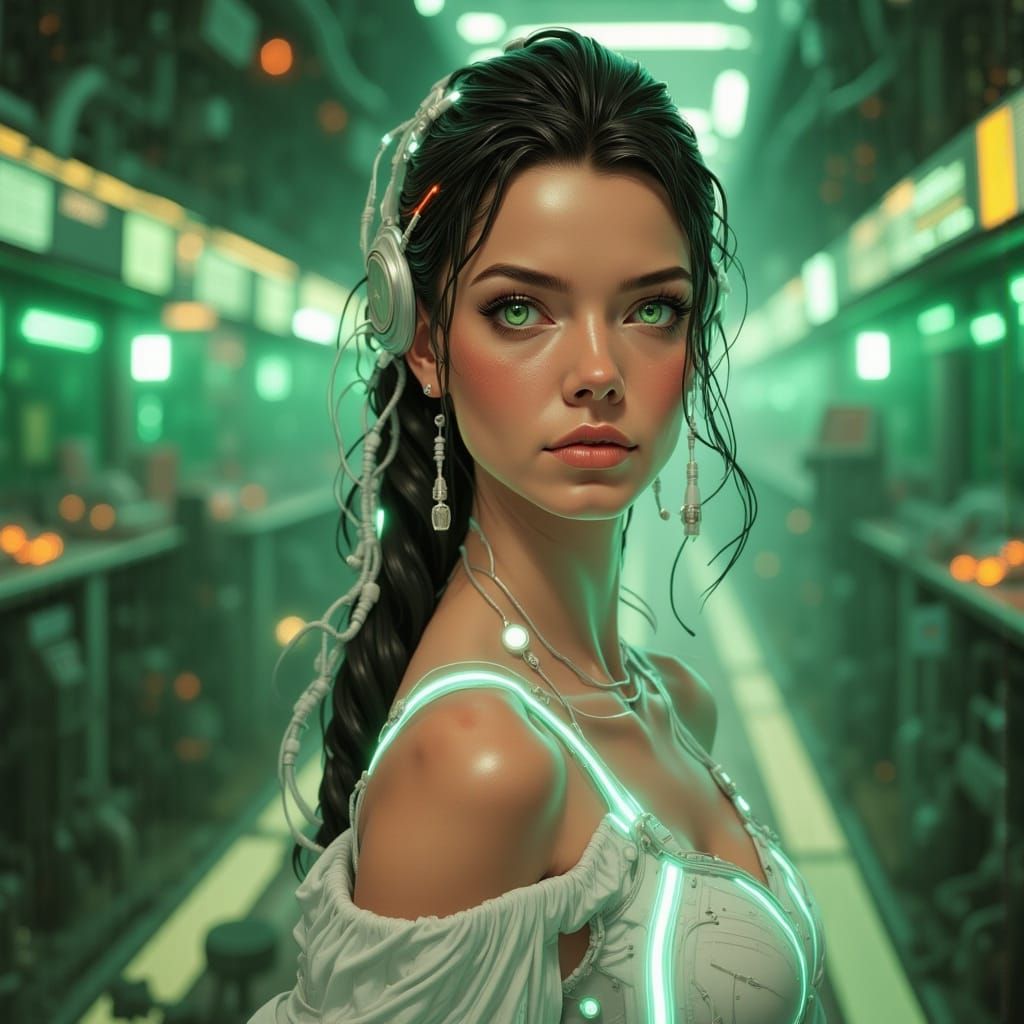Cybernetic Woman in White Dress with Magical Background