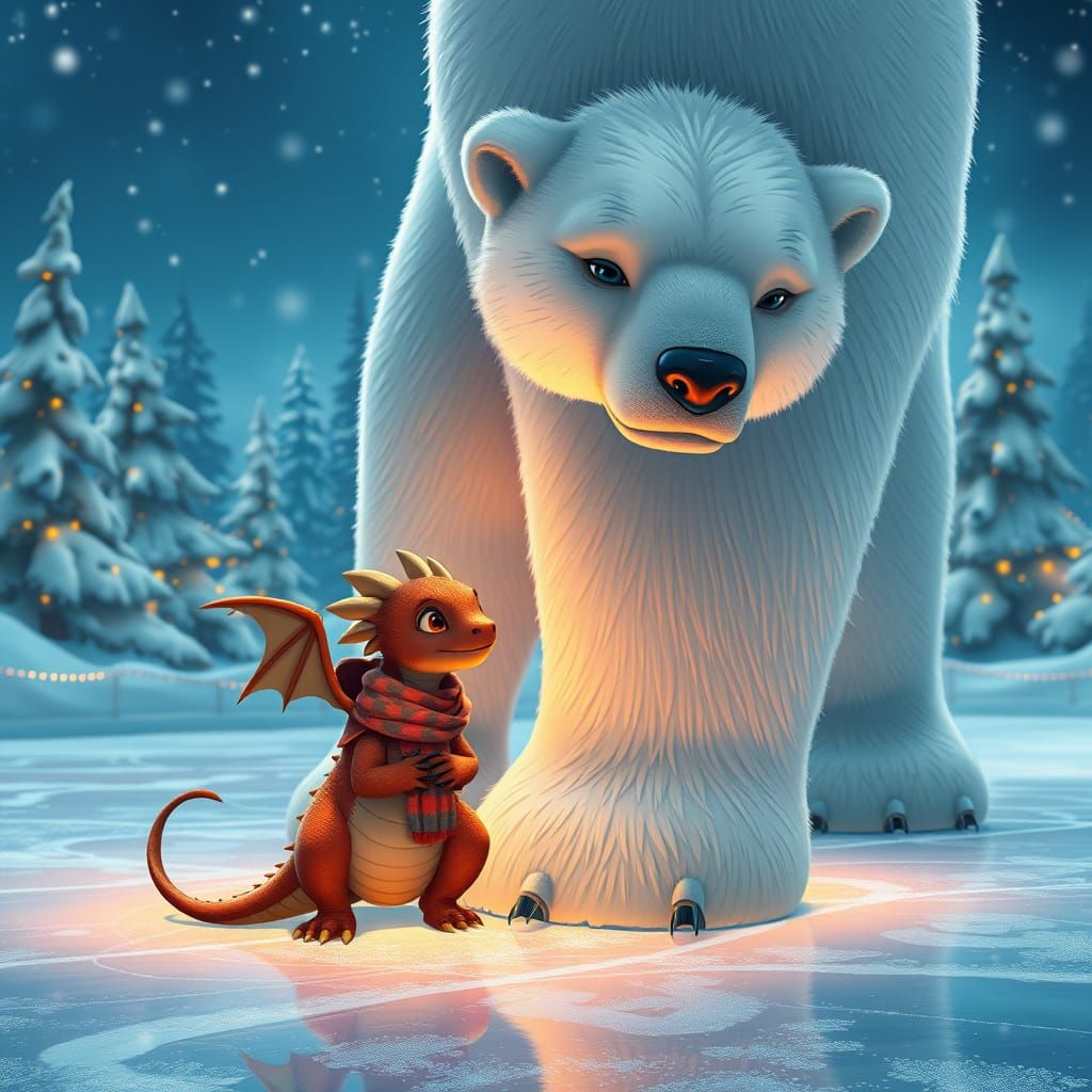 Miniature Dragon with Polar Bear on Skating Rink