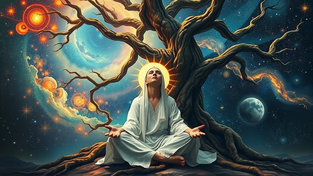 Serene Figure Contemplates Cosmic Tapestry in Tree of Life's...