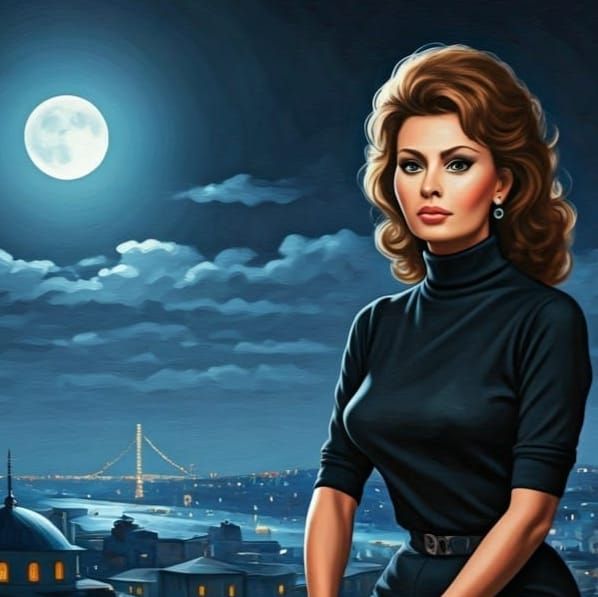 Woman with Pistol on Istanbul Rooftop, Oil Painting