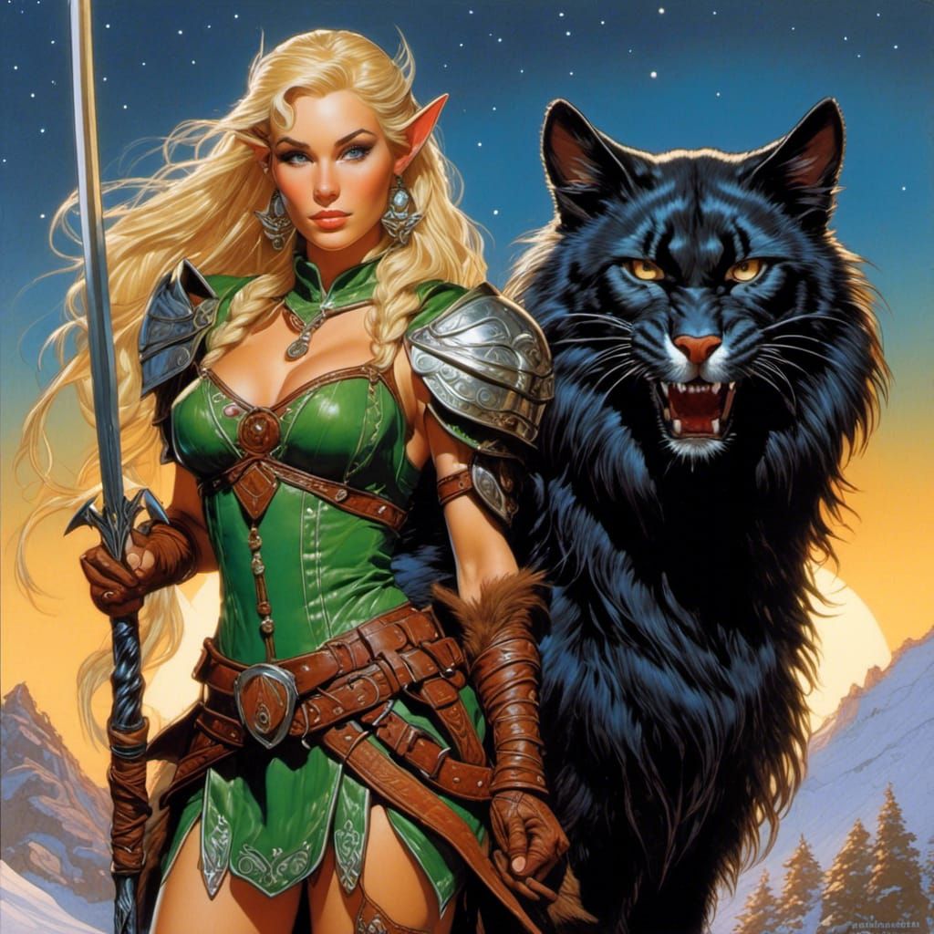 Elf and Werecat in Classic Fantasy Style