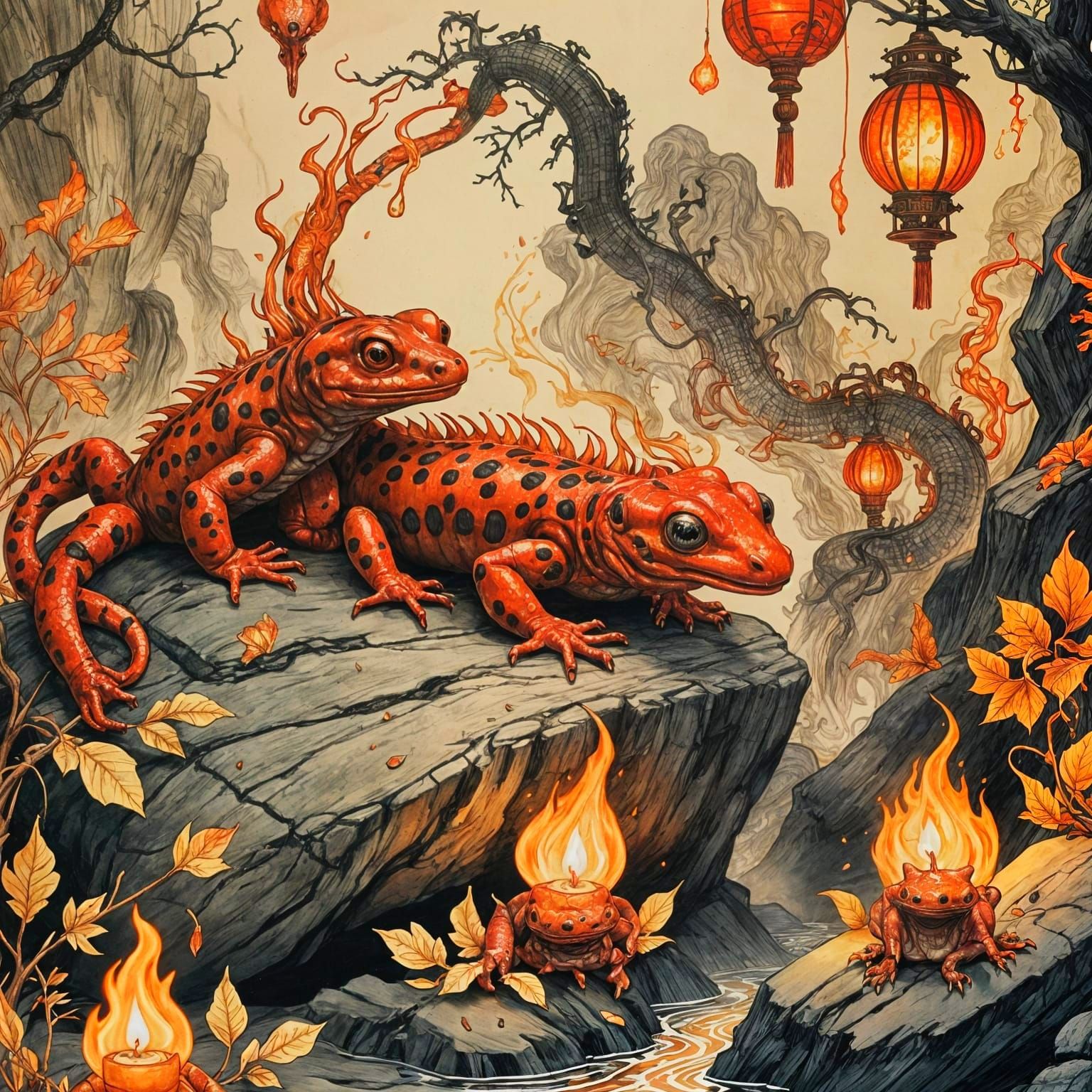 Fiery Salamander in Chinese Ink Style