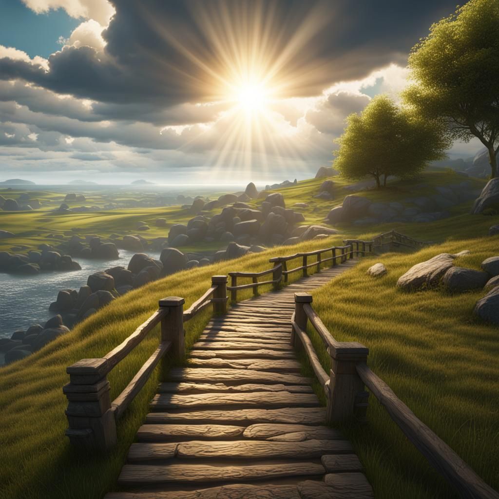 Sunbeams Over Bridge on Cobblestone Path