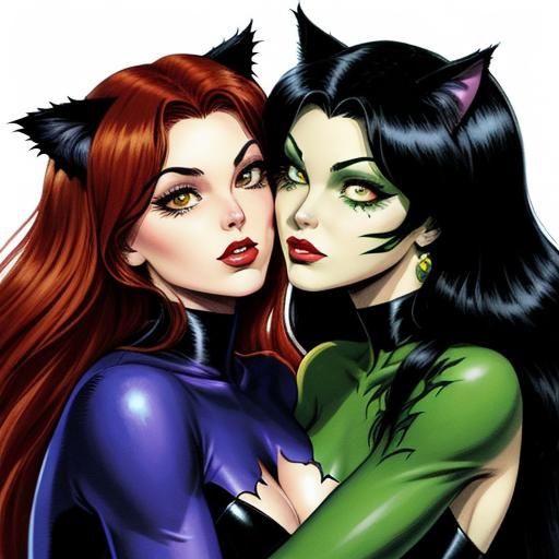 Catwoman and Poison Ivy Affectionate Embrace, Comic Book Sty...