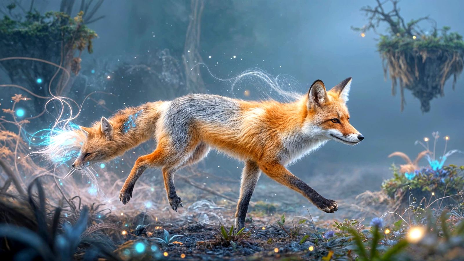 Spectral Fox Running Through Dreamlike Landscape
