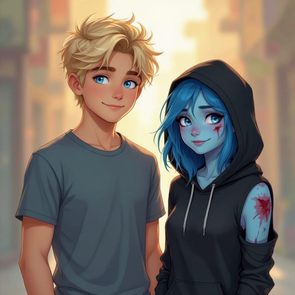 Teenage Friends, Blond Boy and Blue-Skinned Girl, Digital Pa...