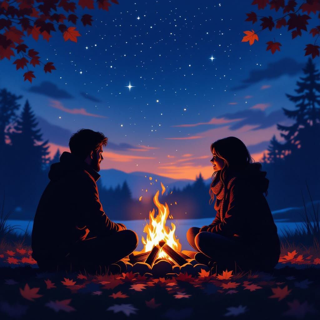 Cinematic Bonfire Silhouette Under Autumn Stars
