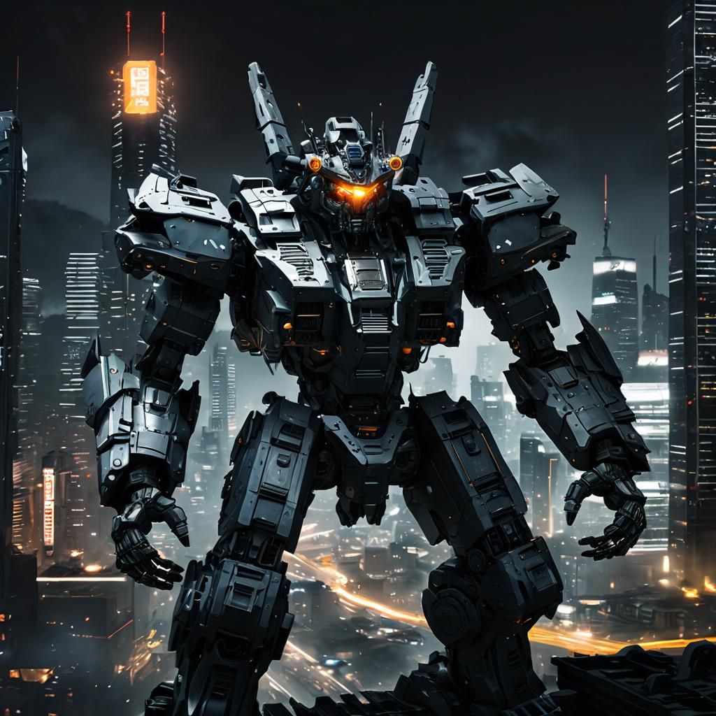 Mechanical Beast Towers Over Cyberpunk Metropolis