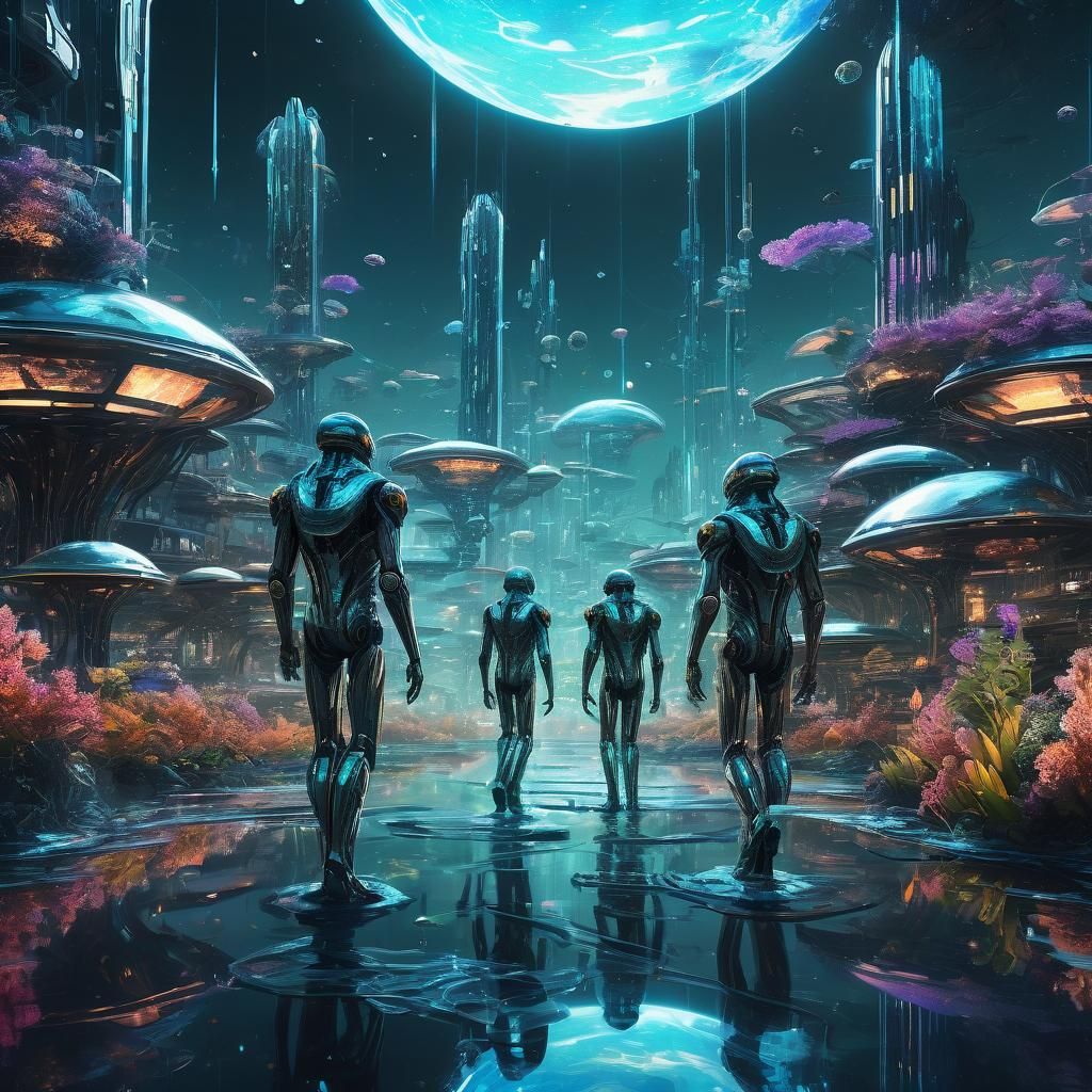 Science Fiction Beings on Floating City in Anime Style