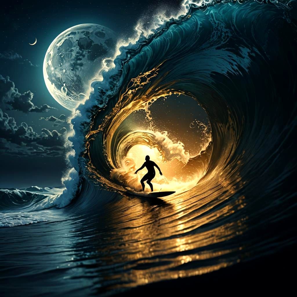 Surreal Nighttime Surfing Scene in Hyperrealistic Digital Ar...