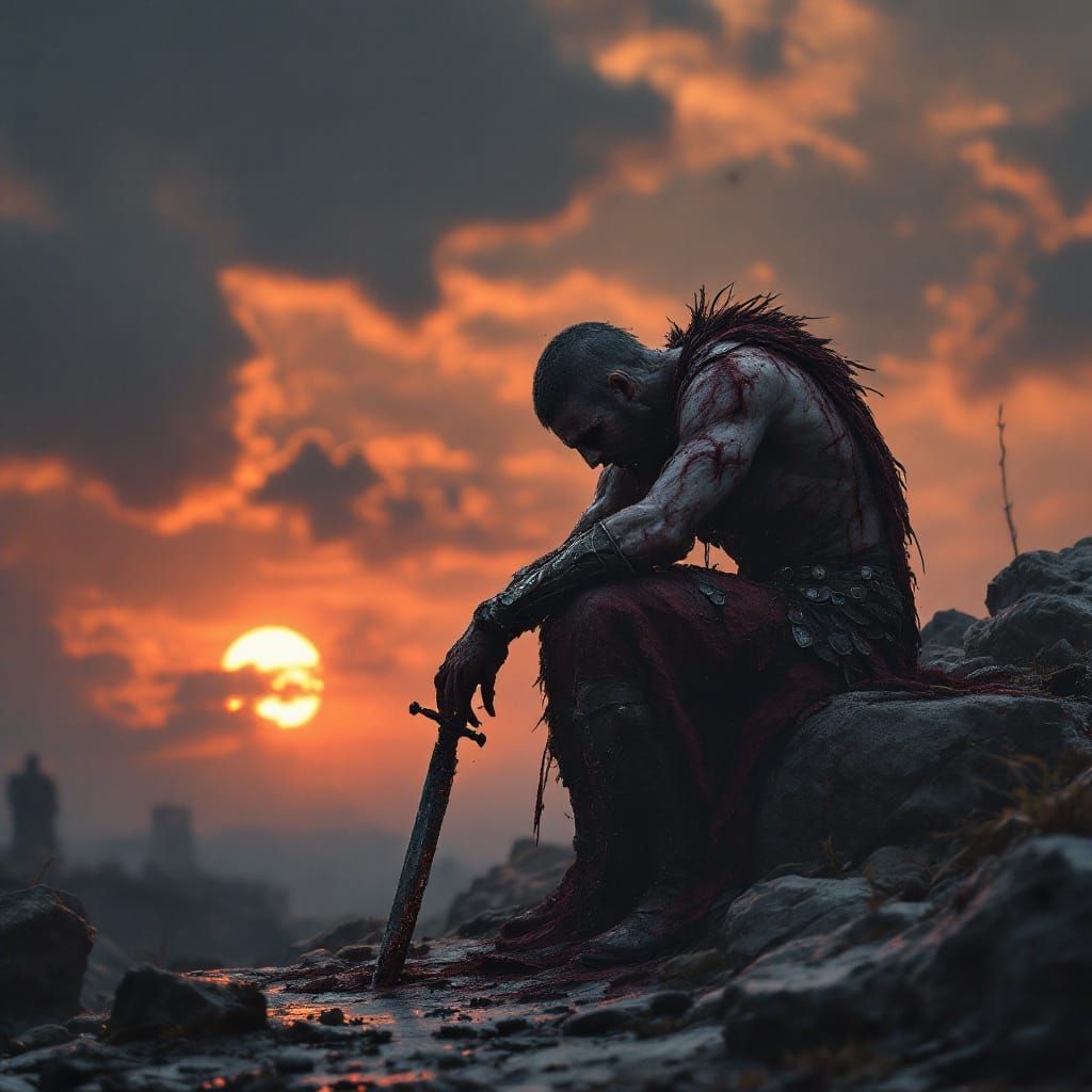 Defeated Warrior Contemplates Broken Sword in Desolate Lands...
