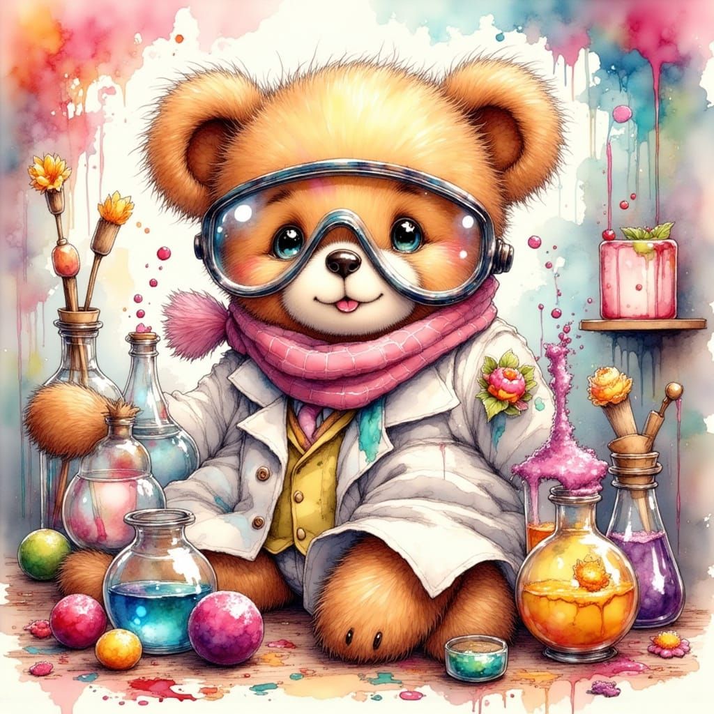 Teddy Bear Scientist with Candy Experiments in Whimsical Sty...
