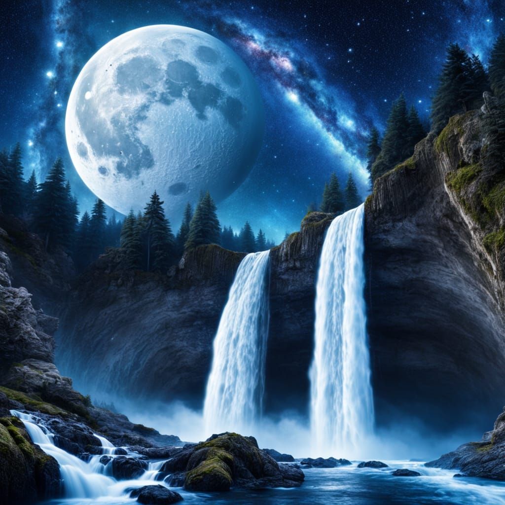 Waterfall From Moon Edge Into Stars With Swirling Galaxies