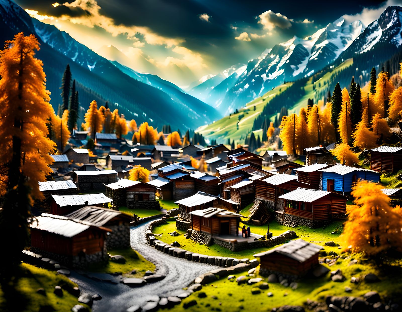 Hyperrealistic Kashmir Valley Diorama in Miniature Style