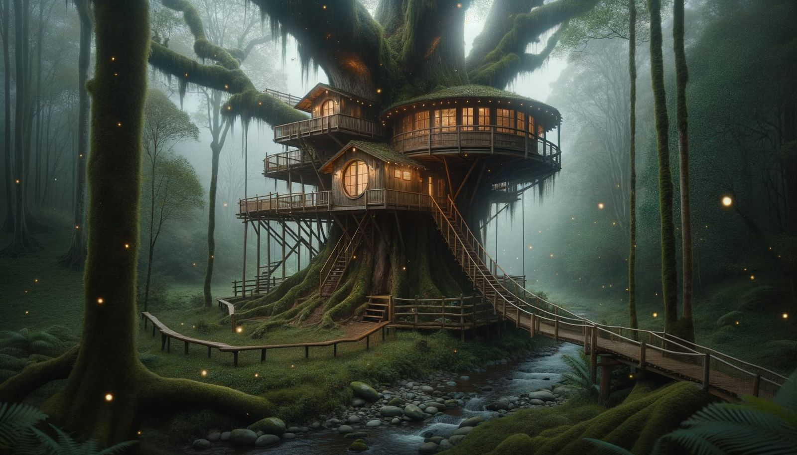 Rustic Treehouse in Mossy Forest at Night