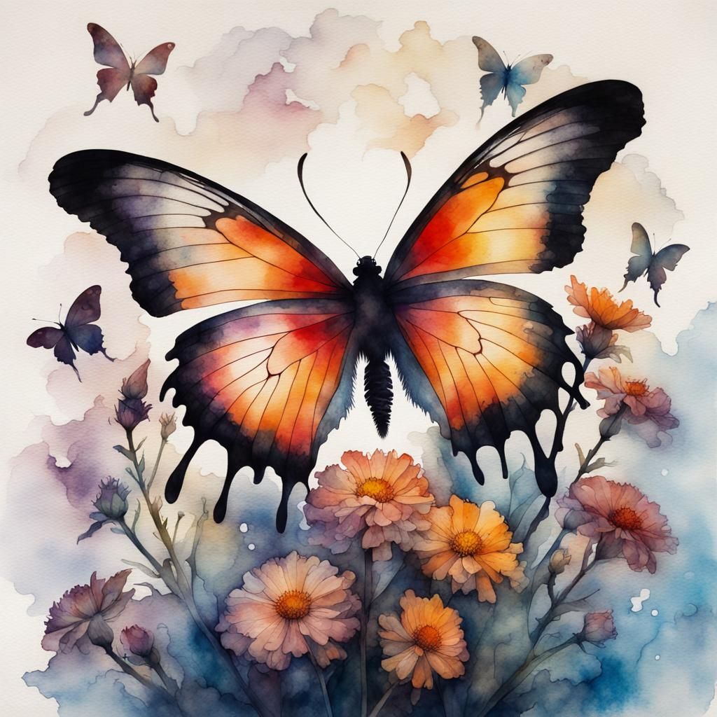 Butterfly Silhouette in Watercolor Floral Double Exposure