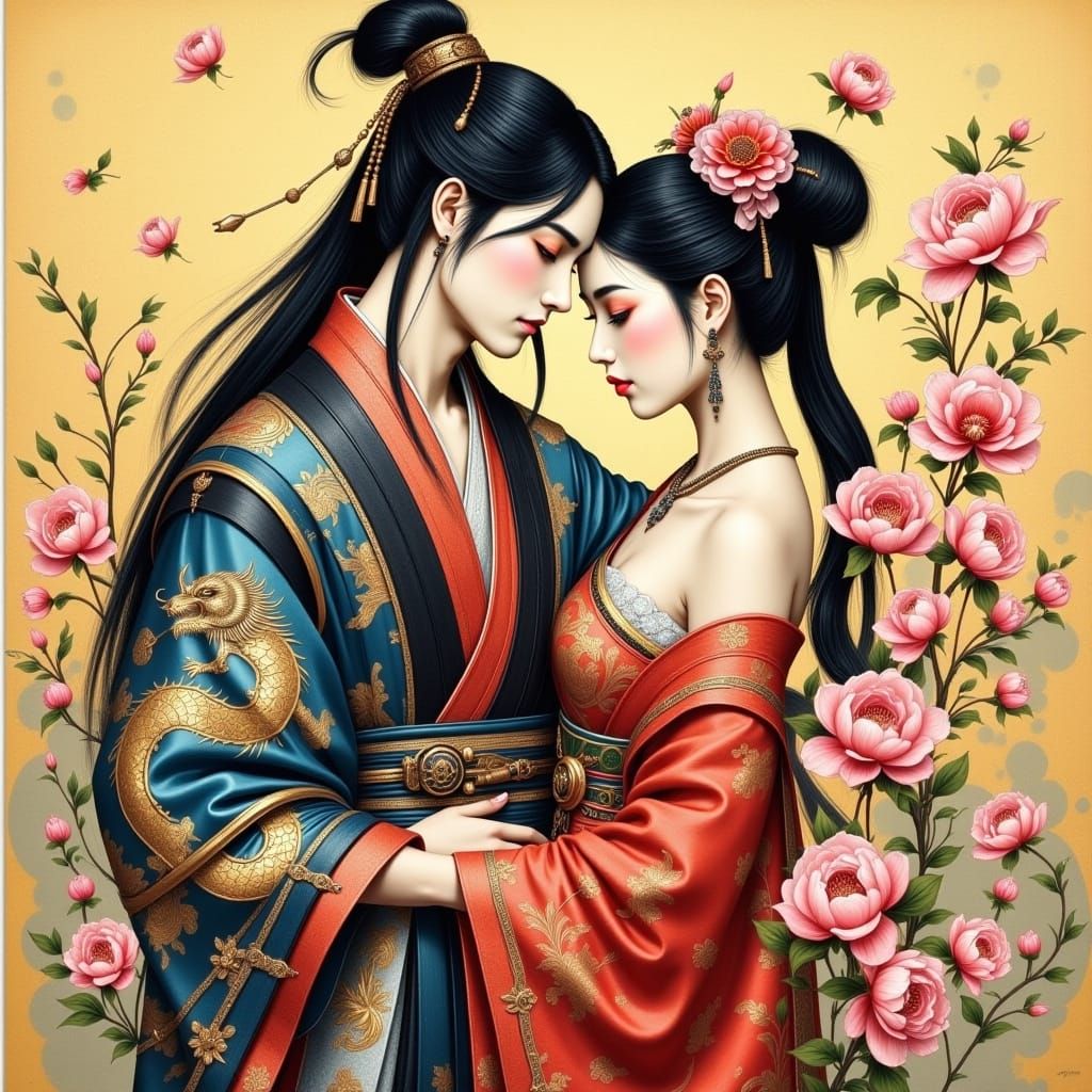 Couple in Love in Chinese Setting: Hyperreal Watercolor