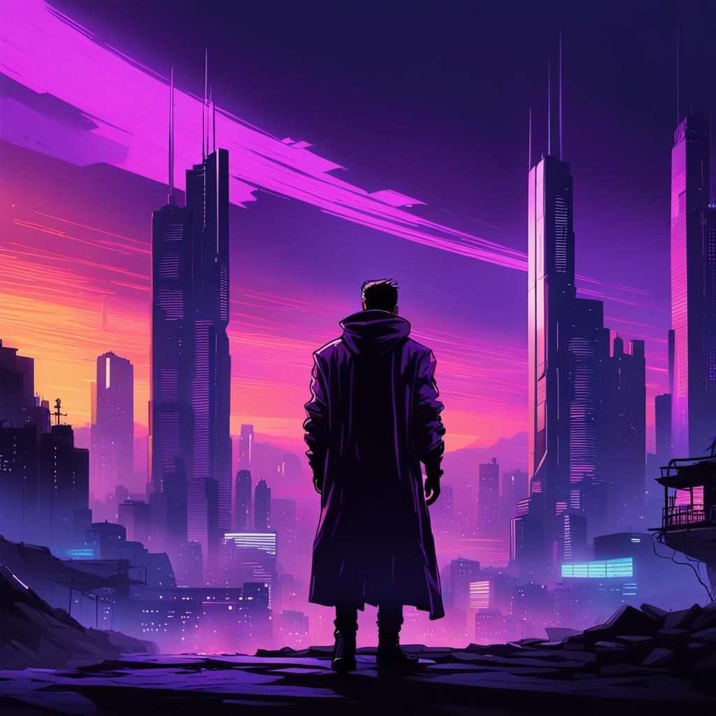 Cyberpunk Sunset: Person in Energy Cloak