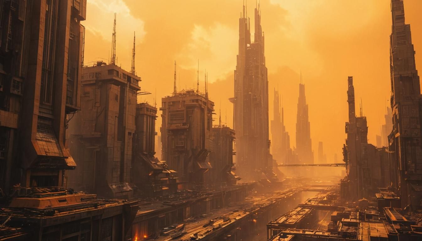 Brutalist Megacity of the Future in Orange Light