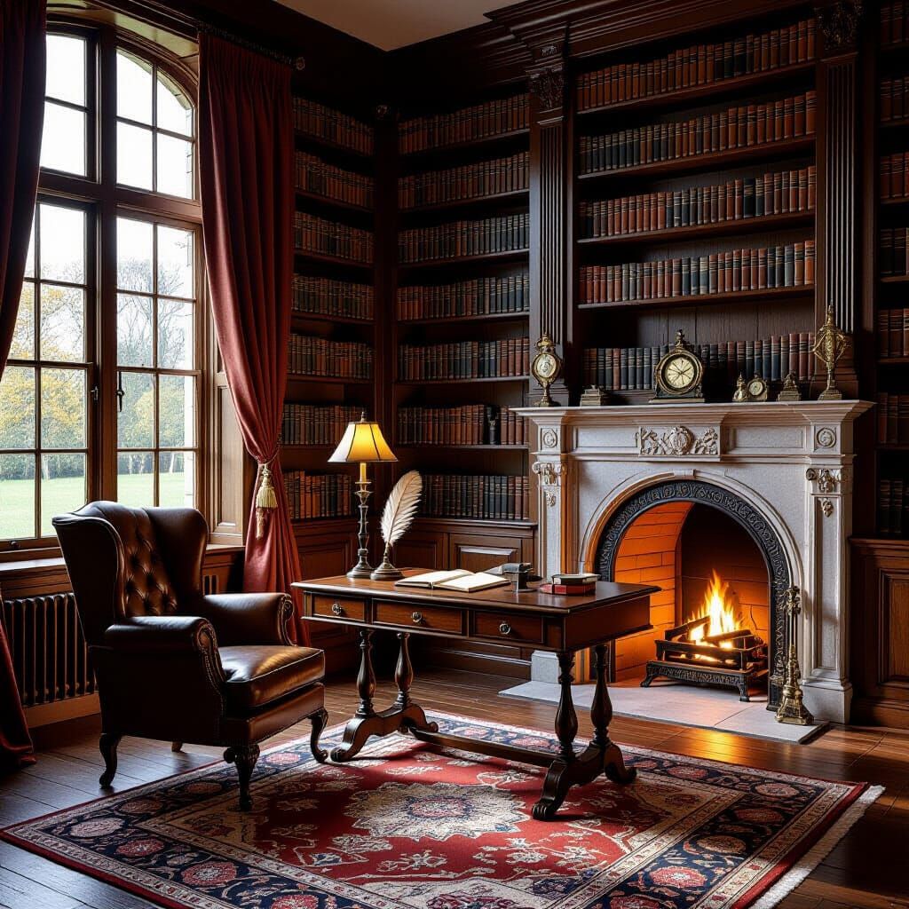 Sun-Drenched Library in Vermeer Style