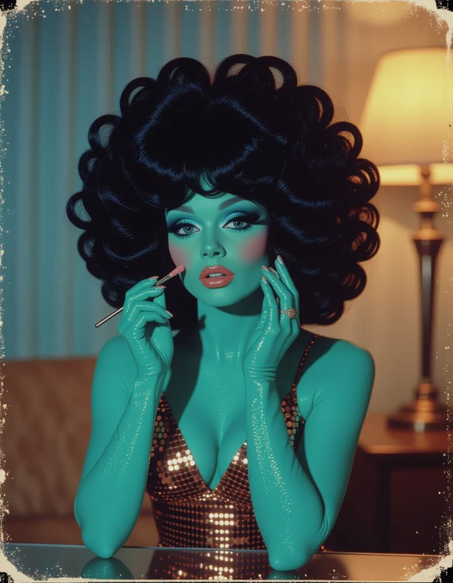 Alien Applying Blush in 1980s VHS Style