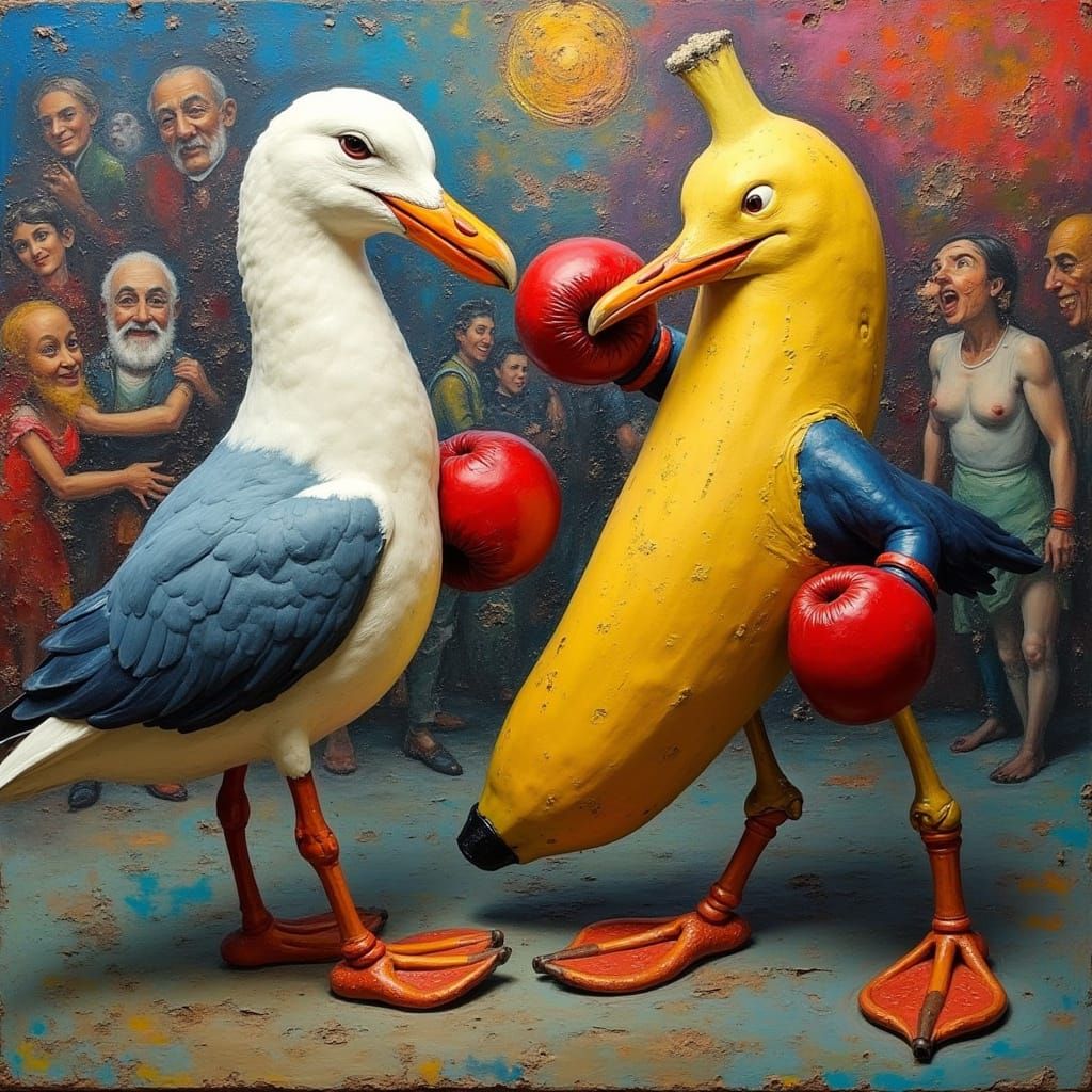 Surreal Boxing Banana and Seagulls in Abstract Impasto Style