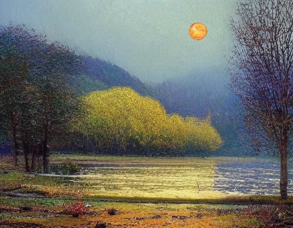 Mystical Mountain Lake at Dawn in Impressionist Style
