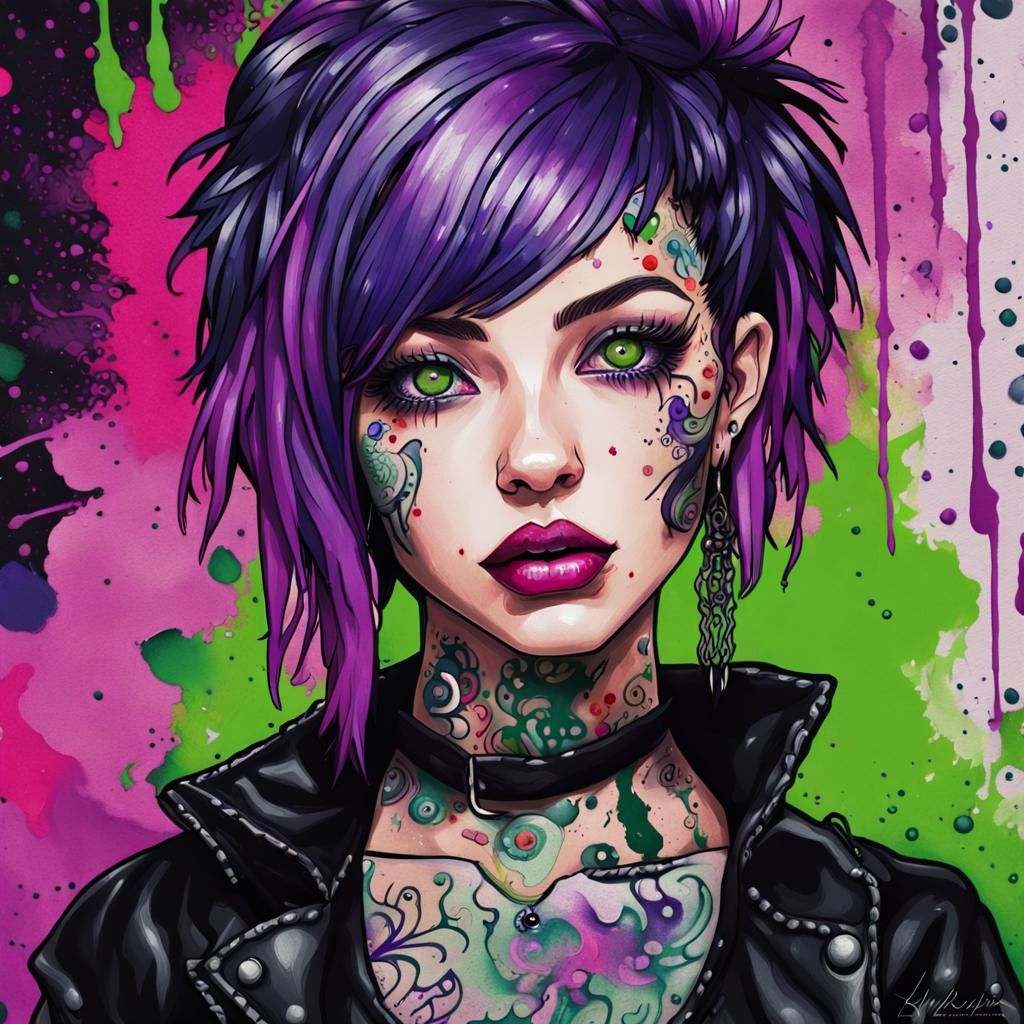 Eerie Goth Girl Portrait in Fauvist Anime Style