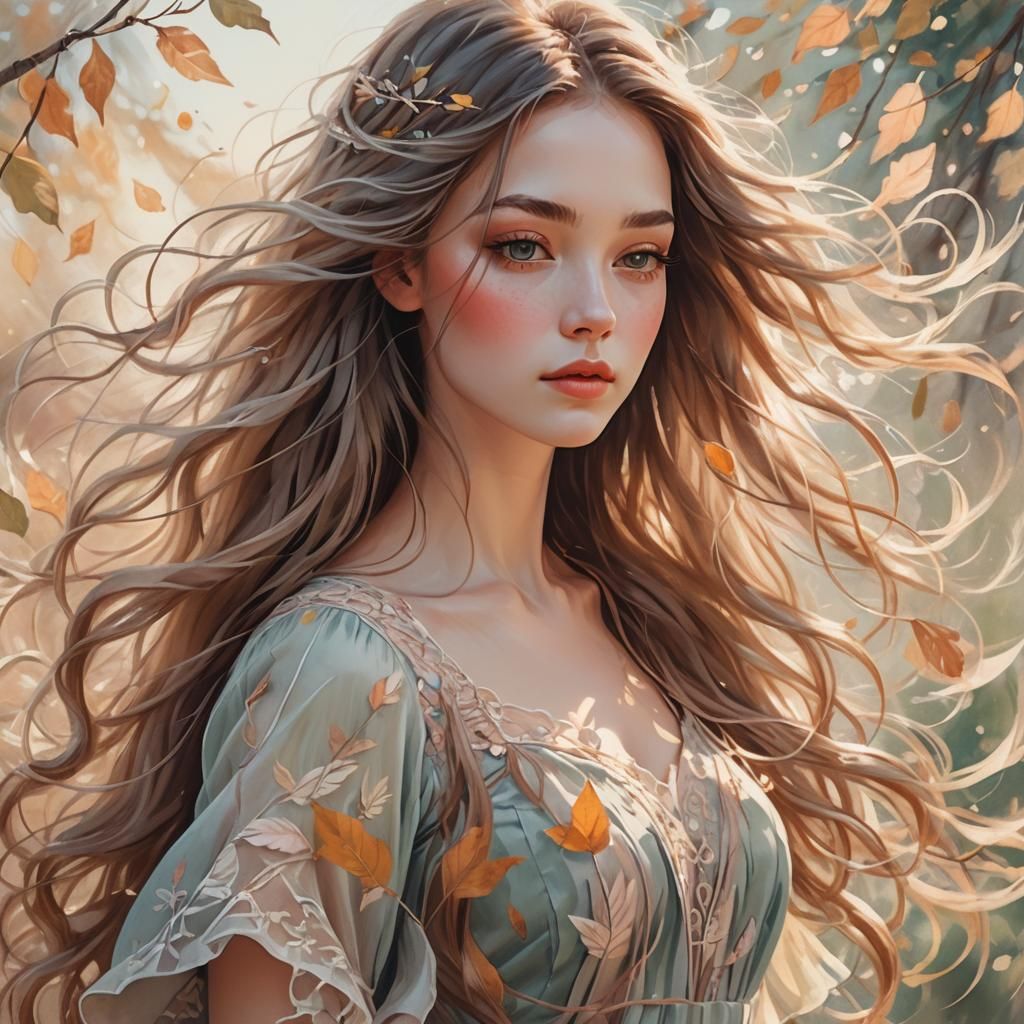 Girl in Wind: Whimsical Pastel Illustration