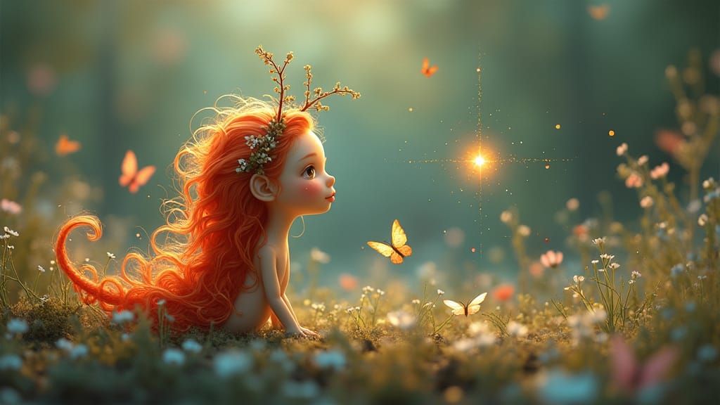 Caterpillar with Red Hair in Fantasy Landscape