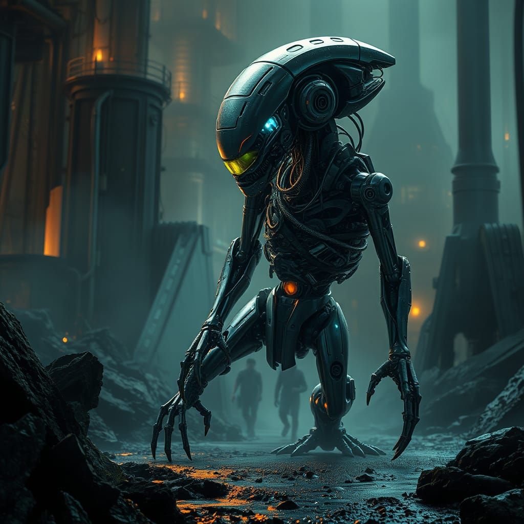 Gritty Robotic Creature Emerge from Dark Industrial Landscap...