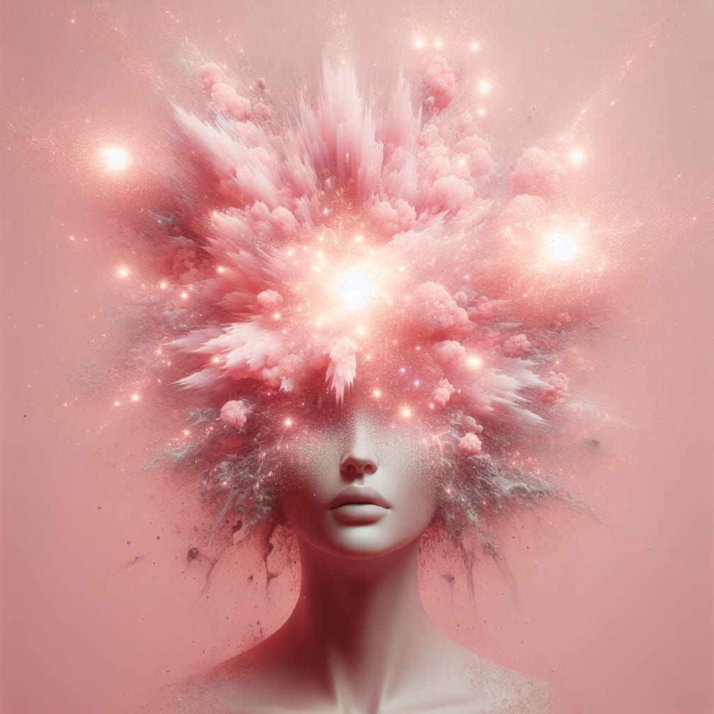 Surreal Pink Portrait: Woman Merging with Exploding Stars