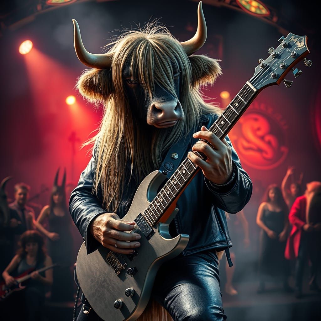 Cow Shredding Metal Guitar in Dark Fantasy Music Venue