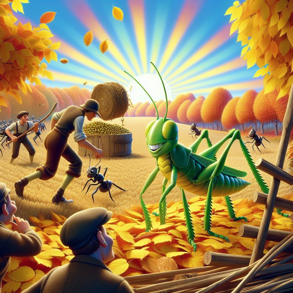 Ants and Grasshopper in Vintage Animation Style