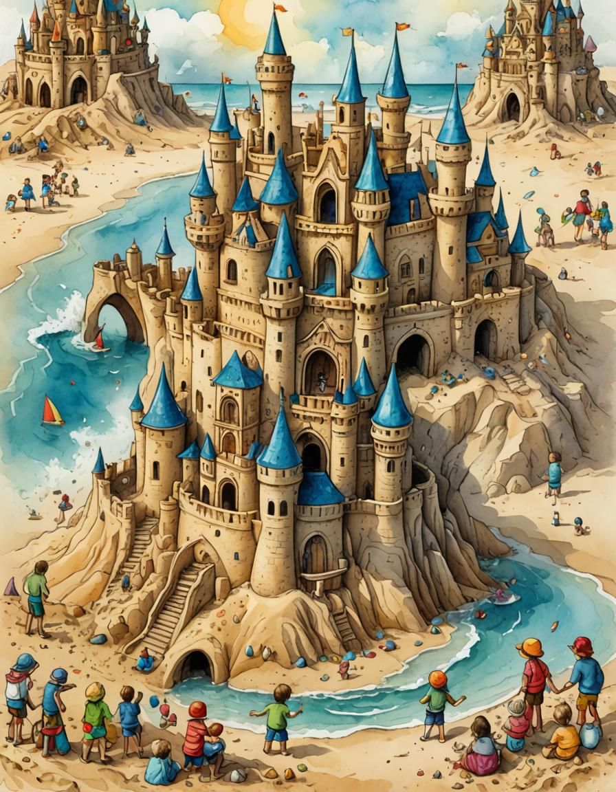 Children Build Sandcastle: Storybook Watercolour Illustratio...