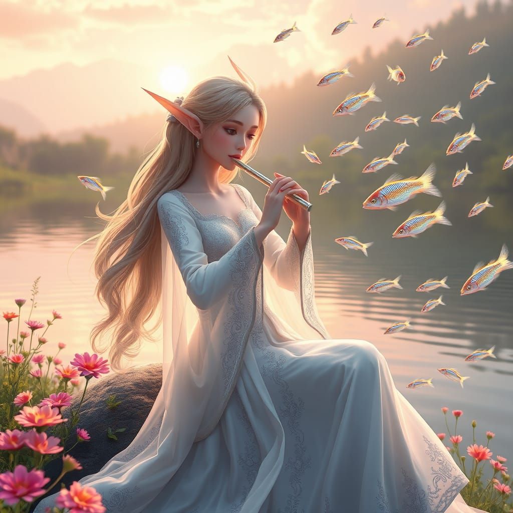 Enchanting Elf's Lakeside Flute Serenade in 3D Anime Art