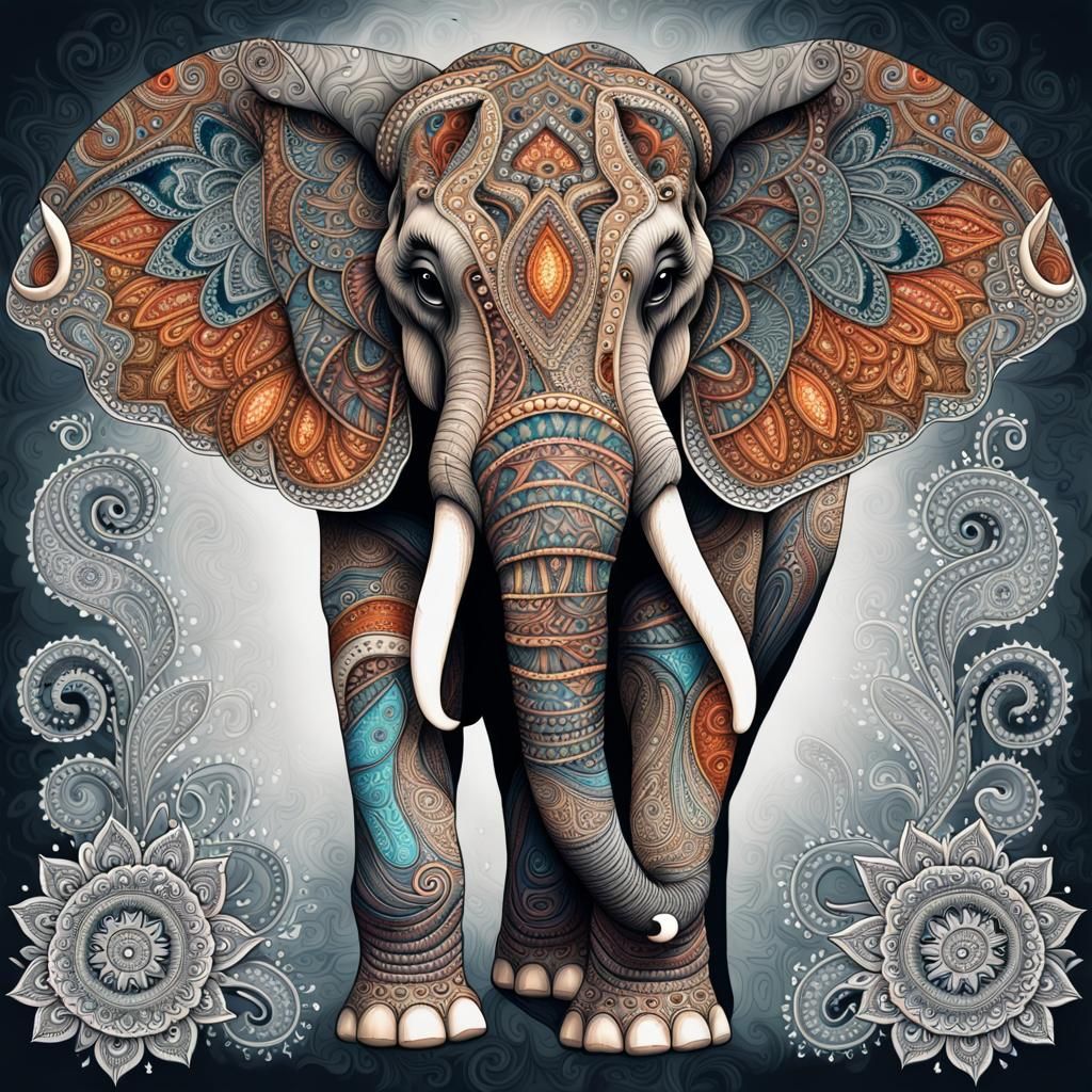 Detailed Elephant with Paisley and Zentangle Patterns