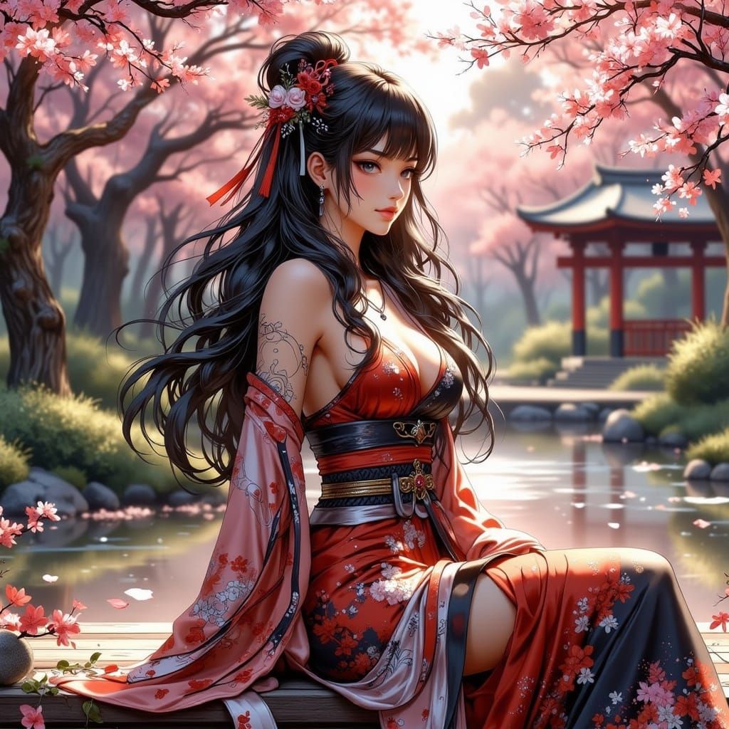 Woman in Japanese Garden, Inspired by Otomo & Miyazaki