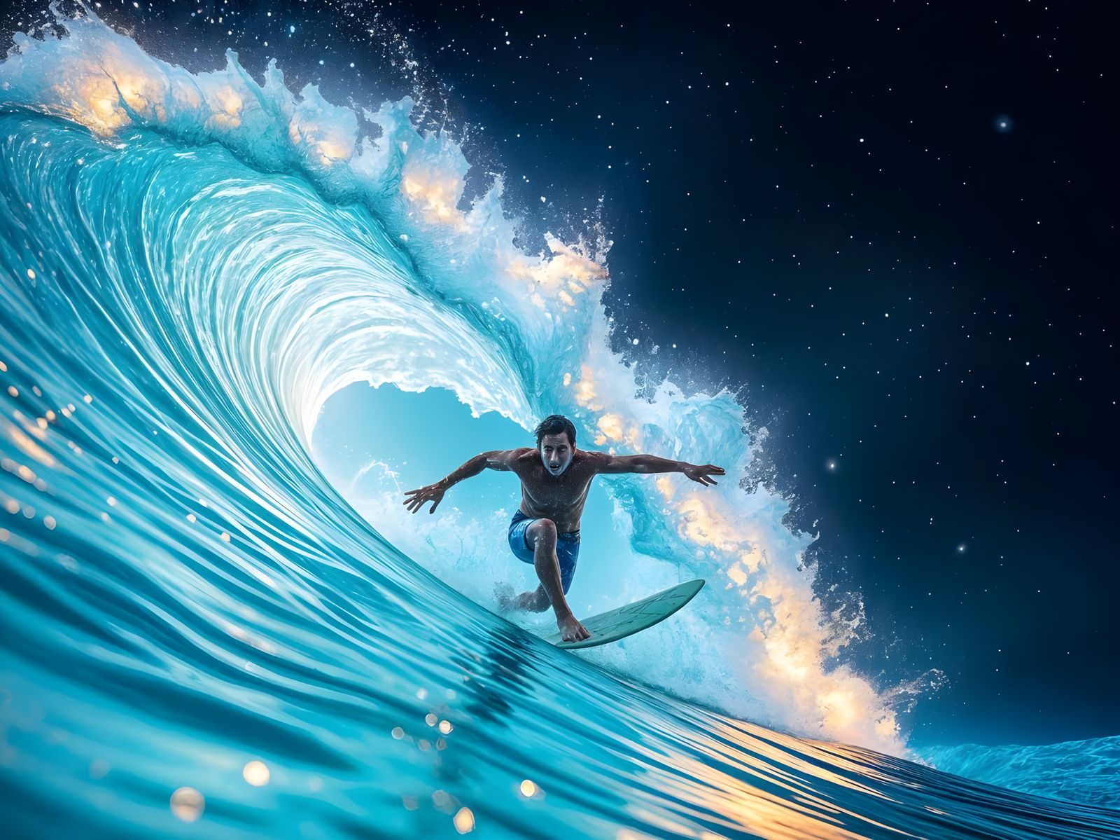 Surfer Rides Bioluminescent Nebula Wave in Space