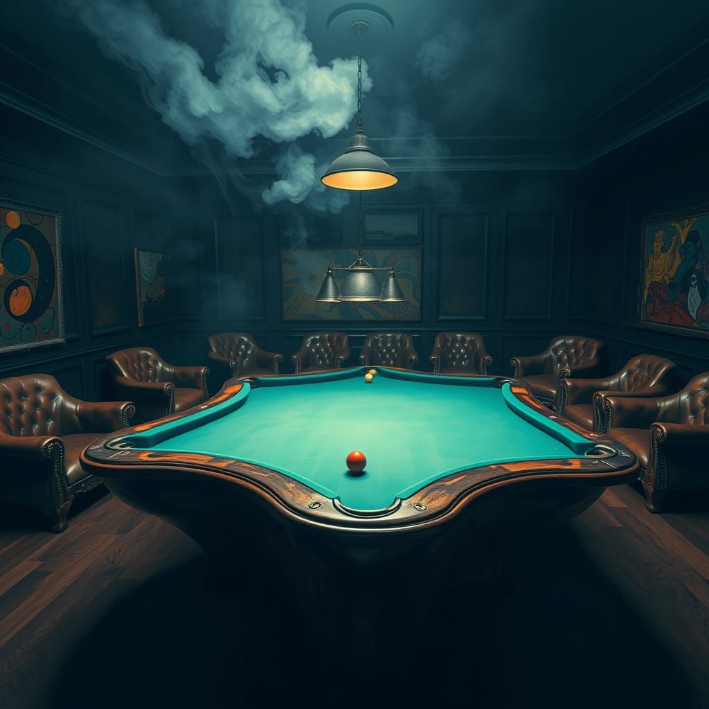 Surreal Billiards Table in Distressed Leather Armchair Setti...
