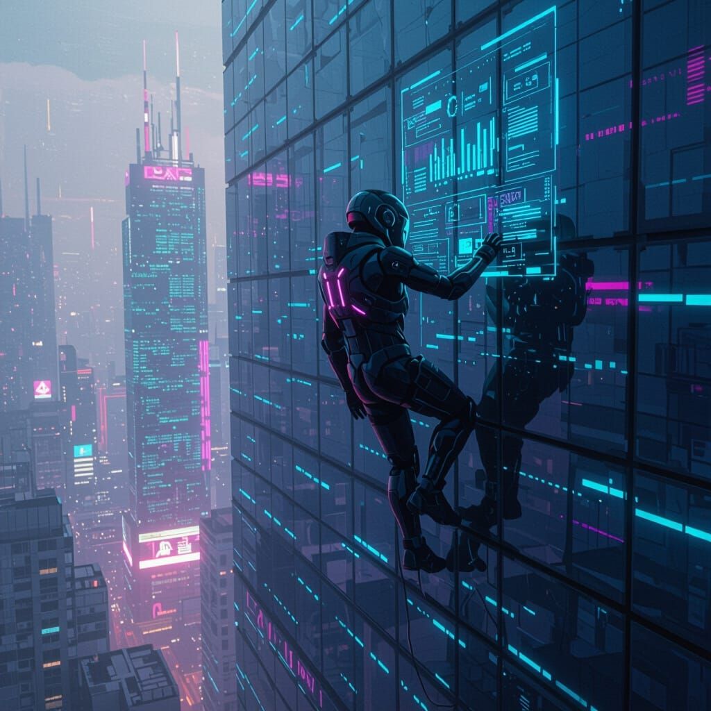 Hacker Scaling Megacorp in Cyberpunk Cityscape