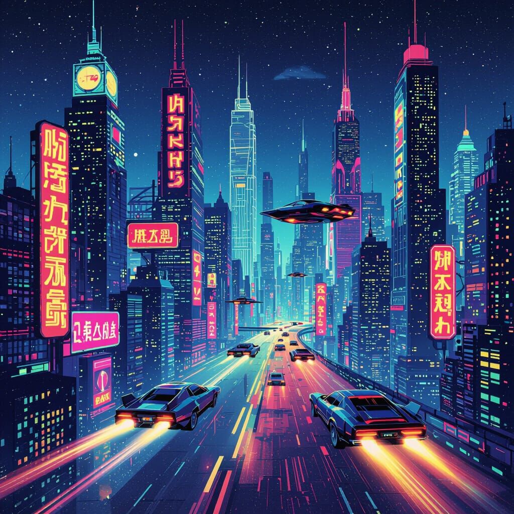 Retro-Futuristic Cityscape at Night in 70s Sci-Fi Style