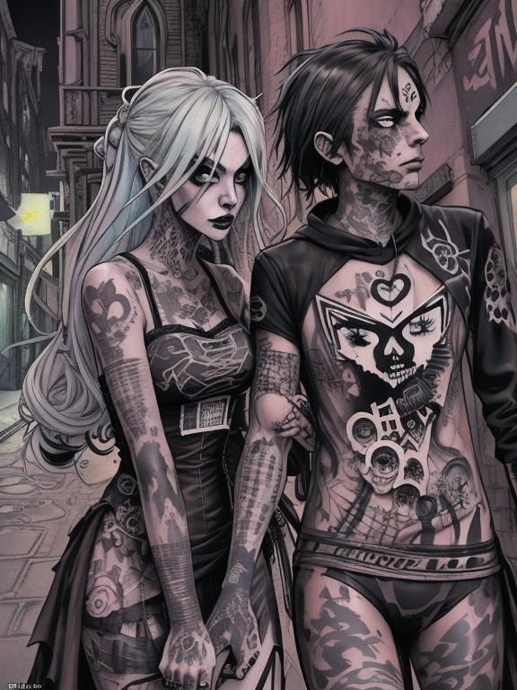 Goth Punk Girl Helping Boy: Comic Art