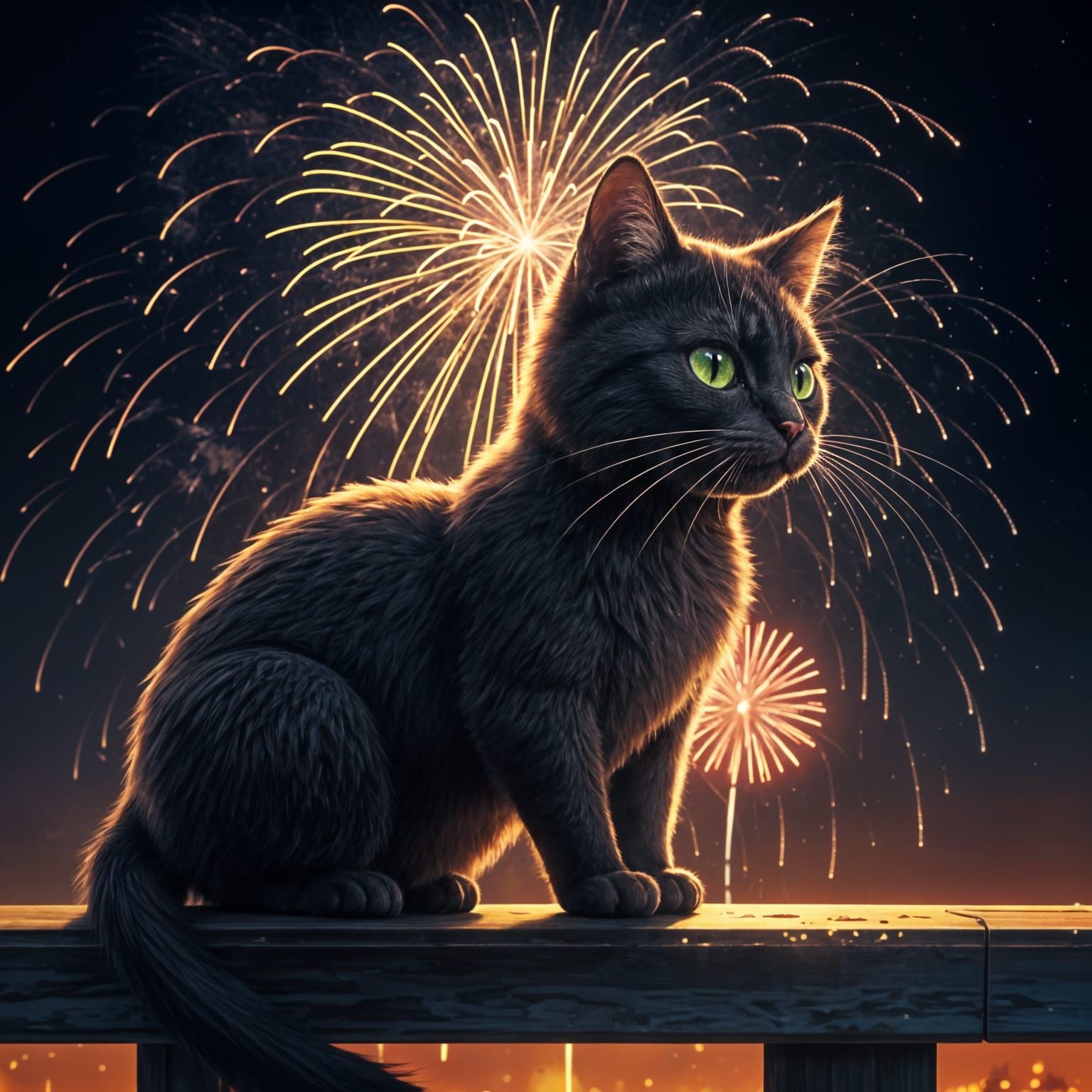 Anime-Inspired Kitty Under Fireworks
