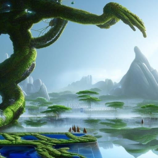 A strange looking alien tree , with a crystal city in the distance with a pool in the middle, Xen from Half-Life, Ghibli...