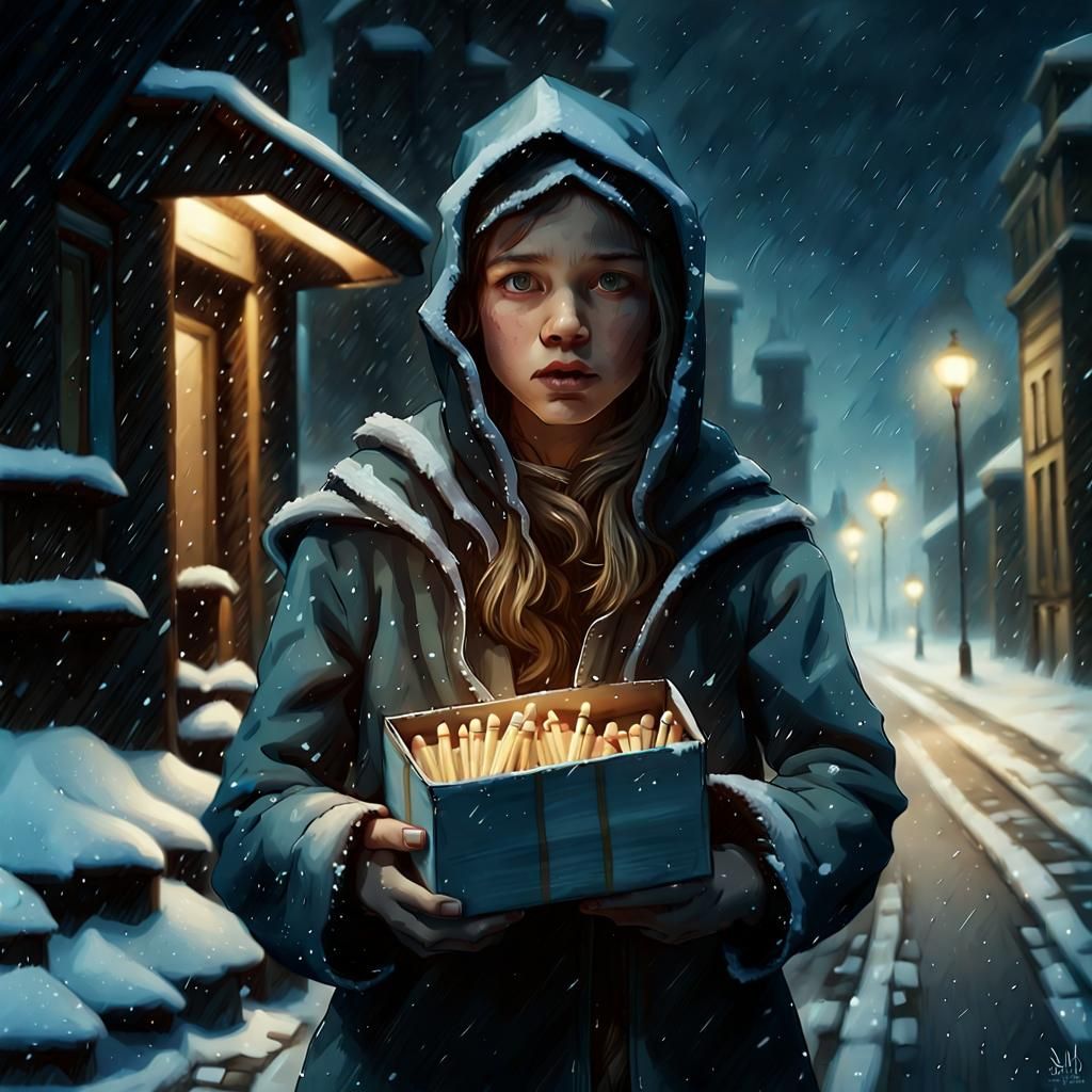 Girl with Matches on Snowy Street Corner